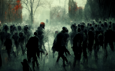 Zombies march along a smoke-filled city street.