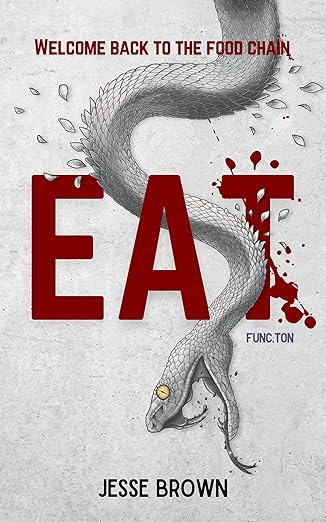 The cover to EAT: ΣΔΤ Book One: Sigma A novel by Jesse Brown, features a white snake weaving through the letters of the title. It's scales appear to be flying off from contact with the edges of the letters and there are blood droplets as a result.