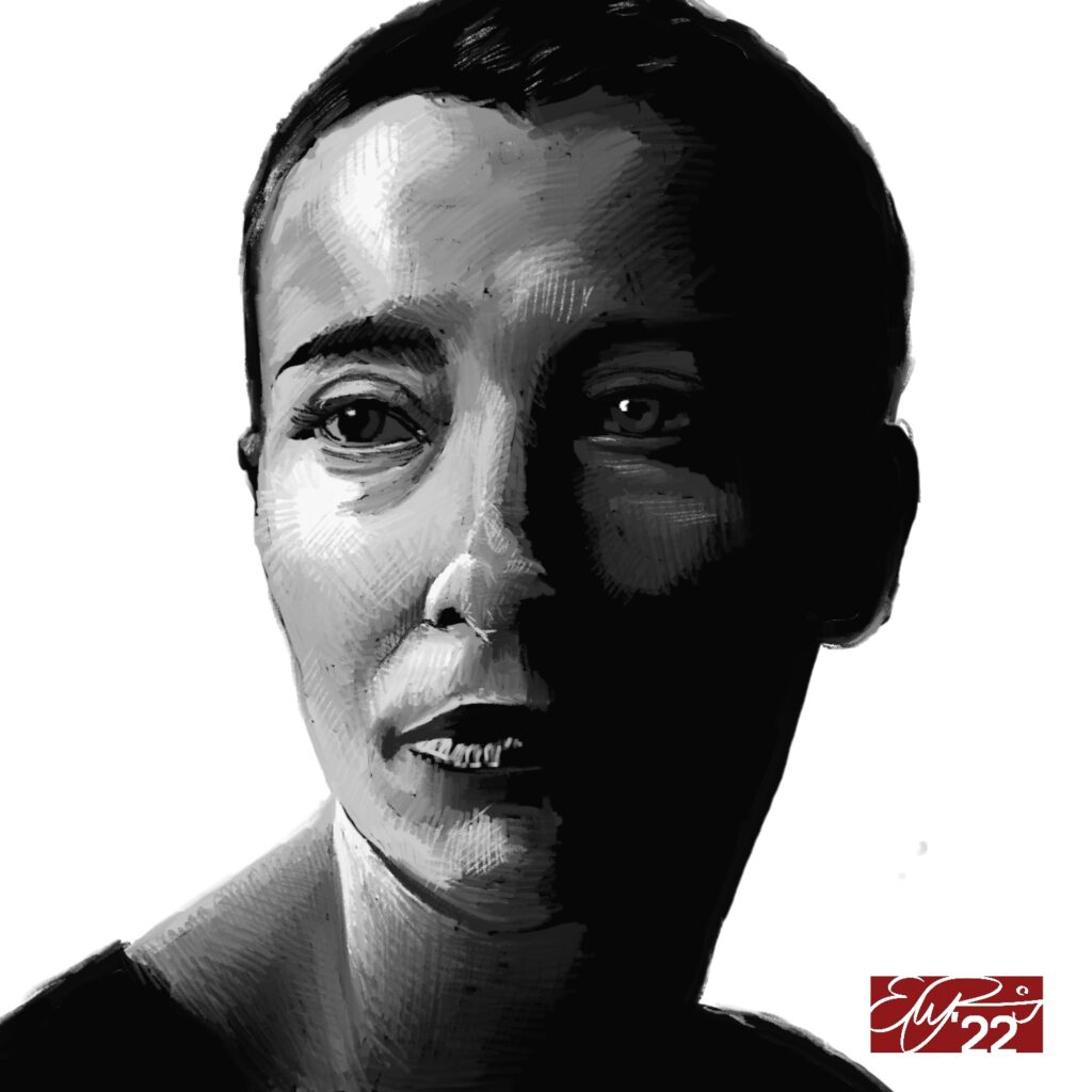 Digital Portrait of Emma Thompson in black and white.