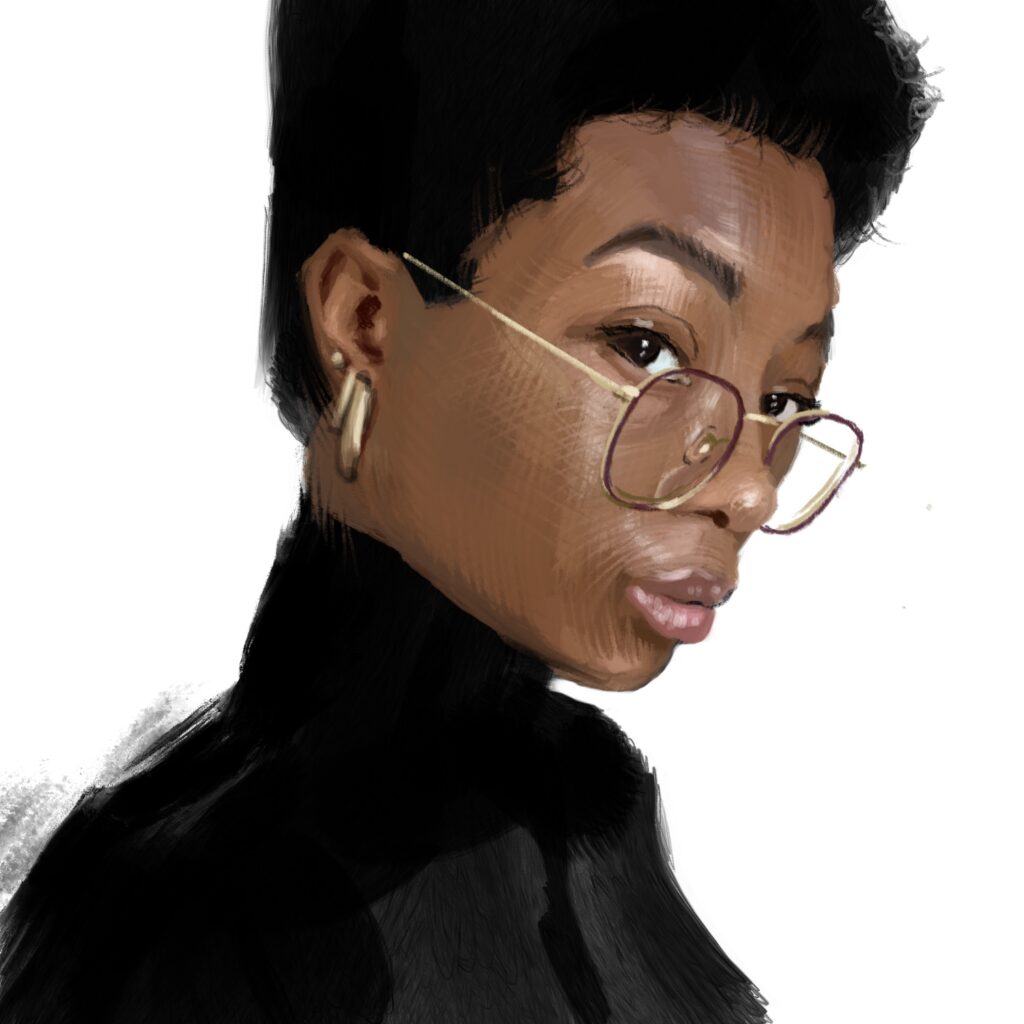 A Black woman in a black turtleneck and glasses.