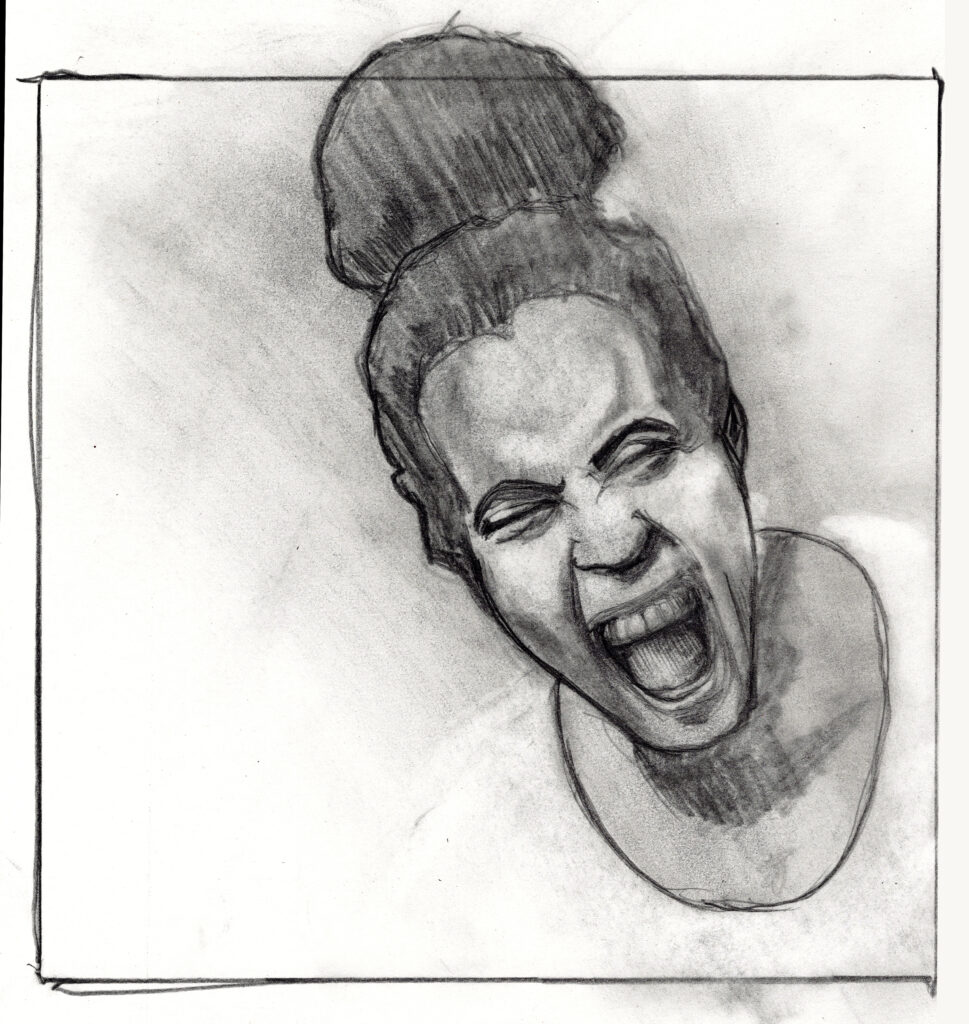 Graphite pencil sketch of a woman laughing.