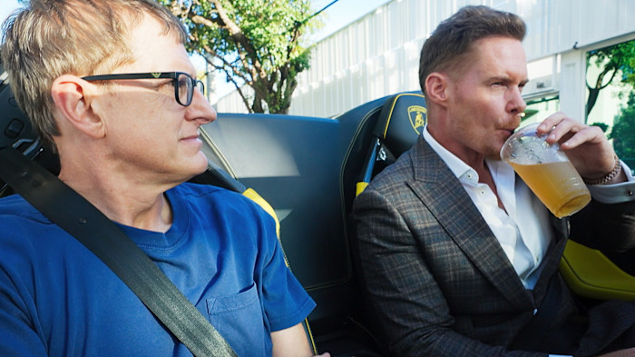 Ed Mathews gives Louis Theroux a ride in his Lamborghini