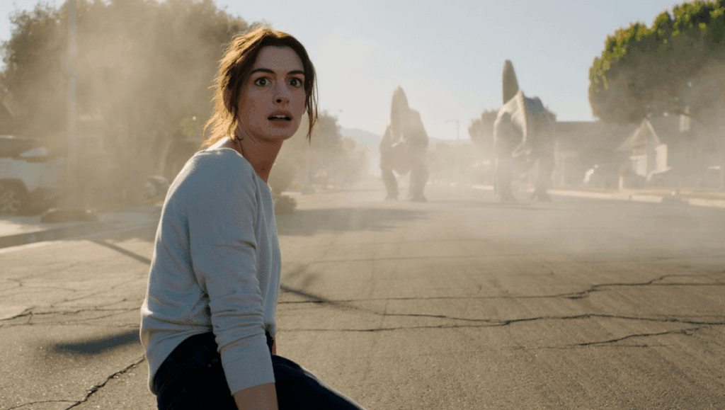 Anne Hathaway as a suburban mom when her suburb has been thrown back to the Jurrasic period and dinosaurs roam the streets.