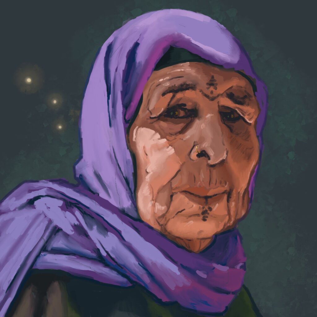 A digital painting of an old woman in a purple head scarf.